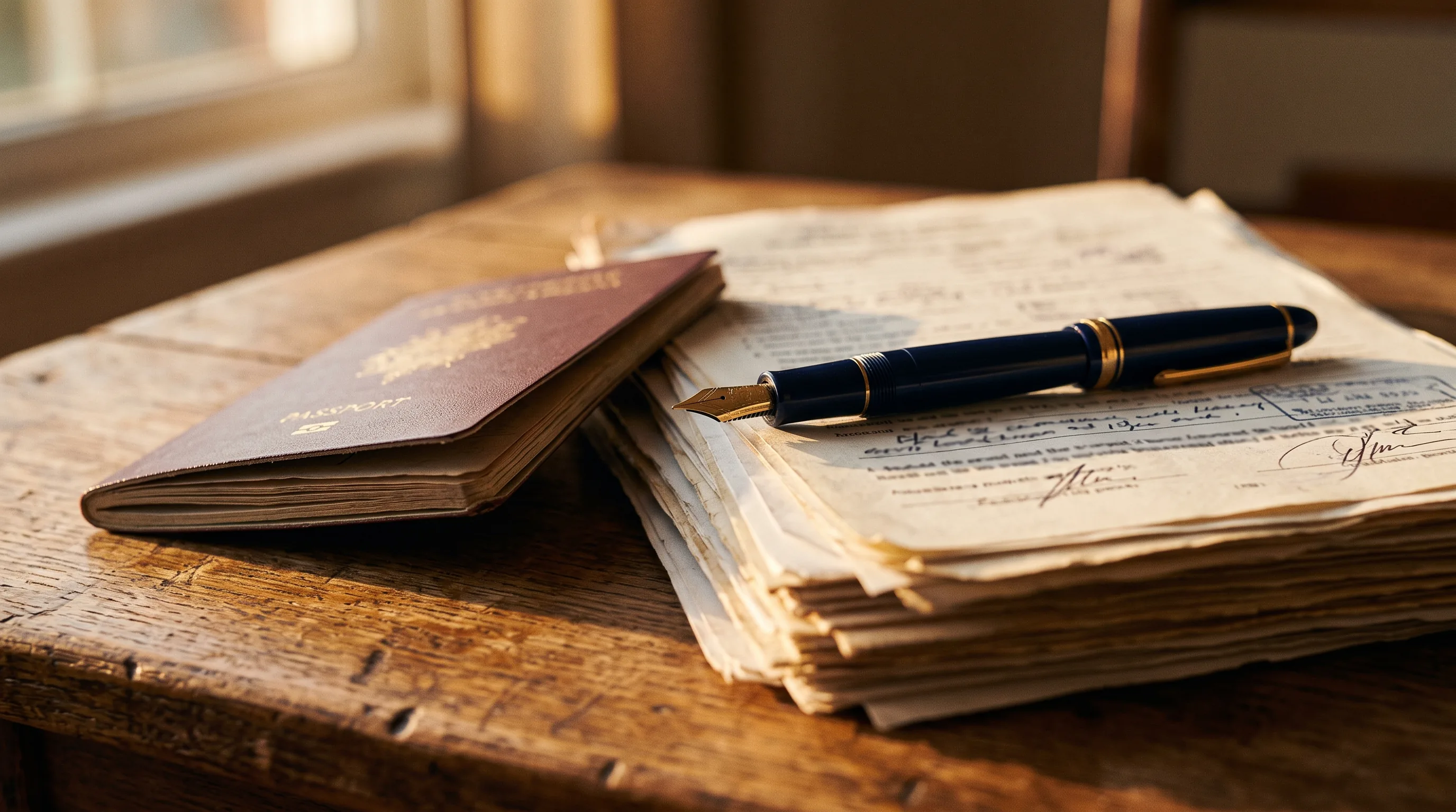 Abstract close-up of a passport and immigration paperwork in warm golden light