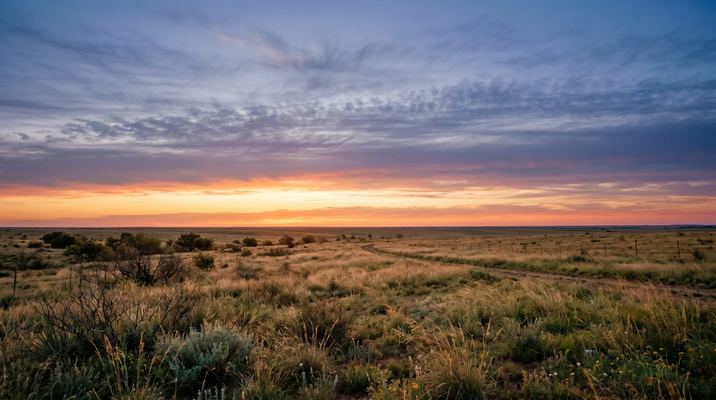 Abstract open Texas landscape at dawn with vast sky and warm amber light