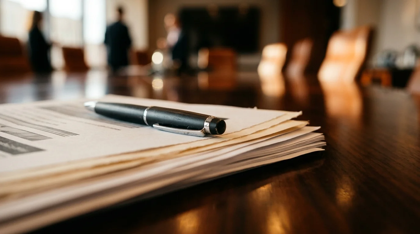 Abstract image of a signed employment contract on a modern desk with soft lighting