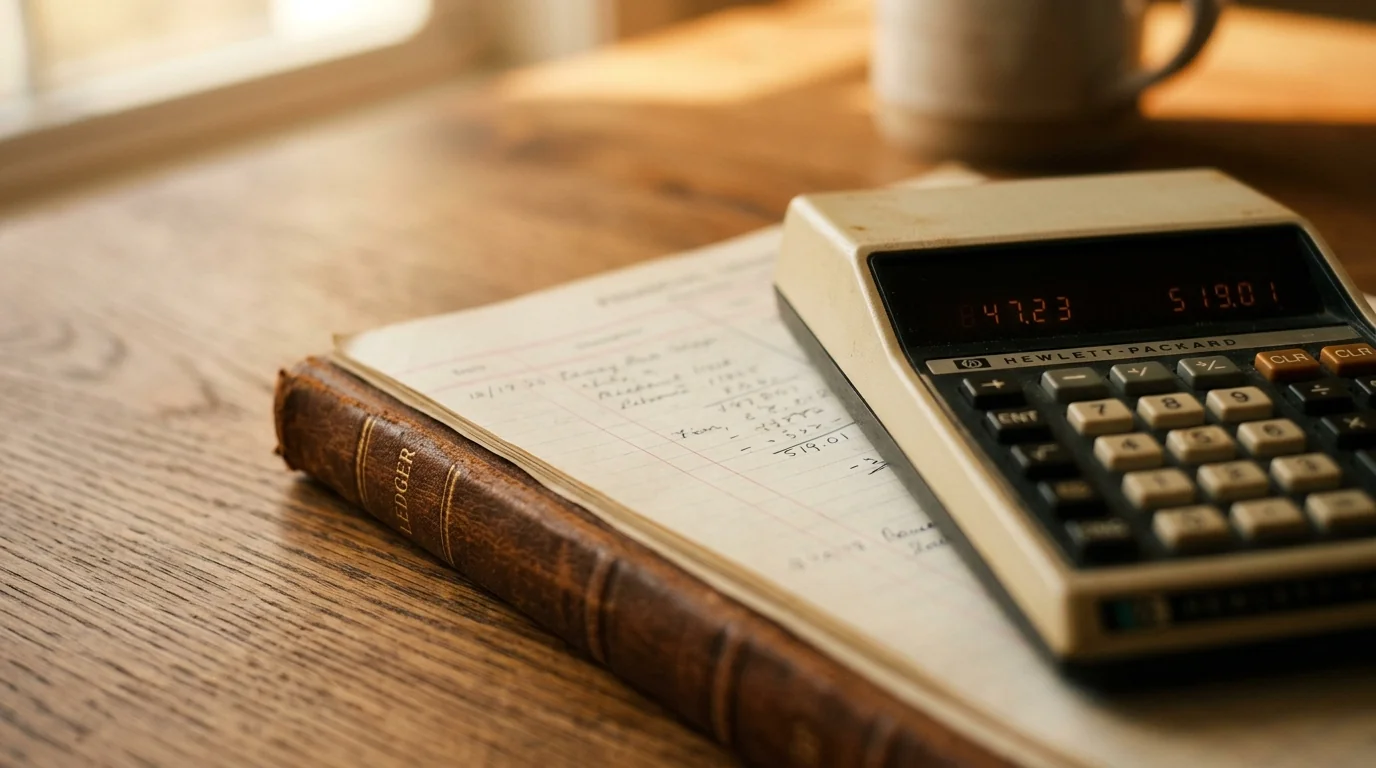 Abstract close-up of financial documents and calculator on a desk with warm side lighting