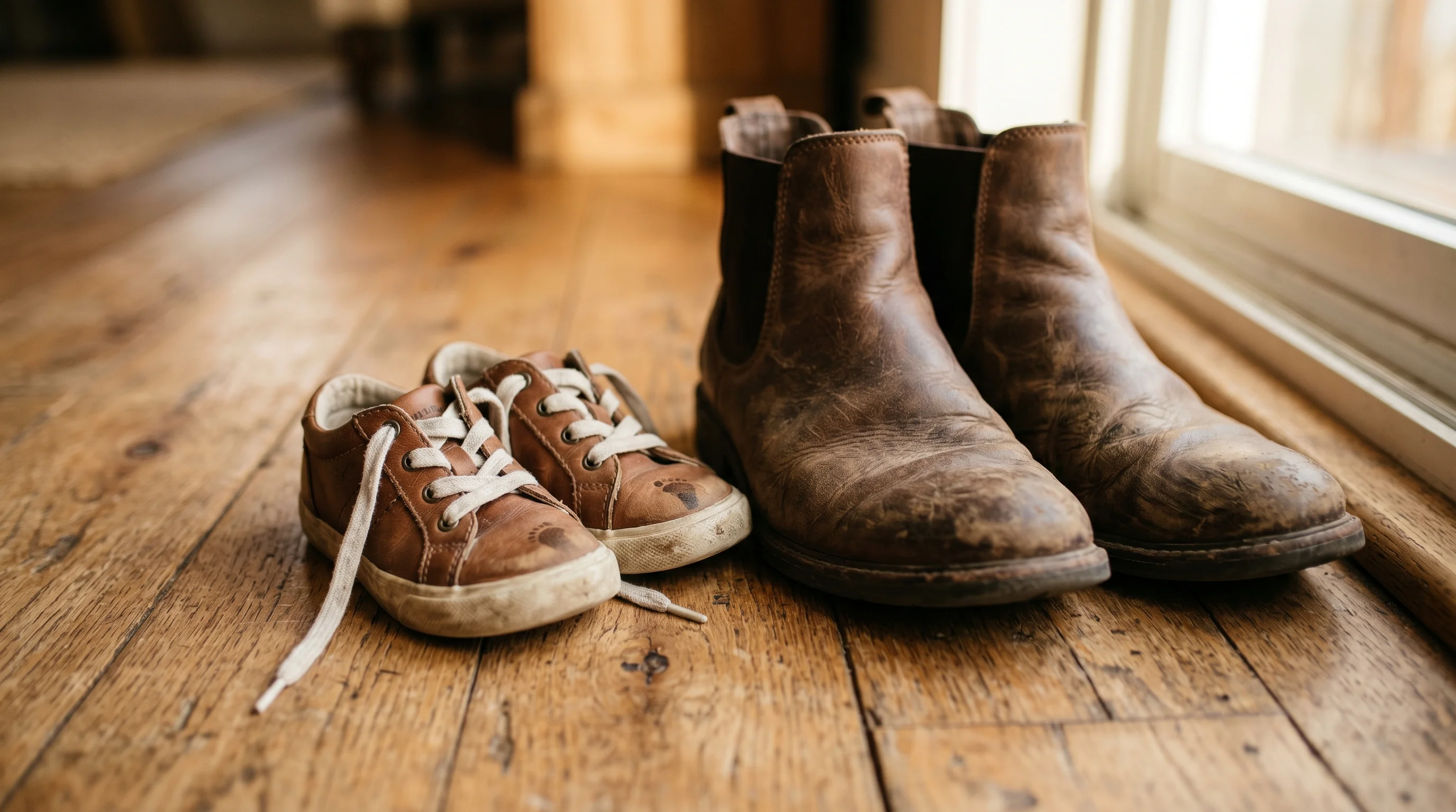 Abstract close-up of child shoes and adult shoes on warm wooden floor