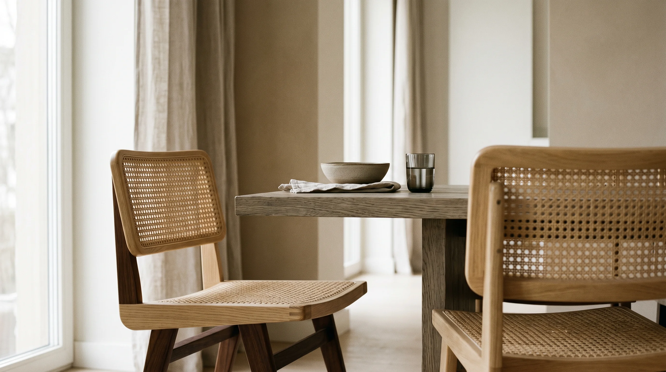 Abstract view of two chairs facing each other in soft window light