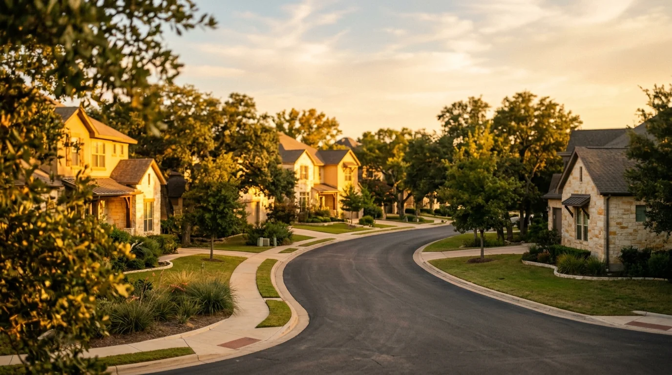Abstract aerial view of Austin Texas residential neighborhood with warm afternoon light