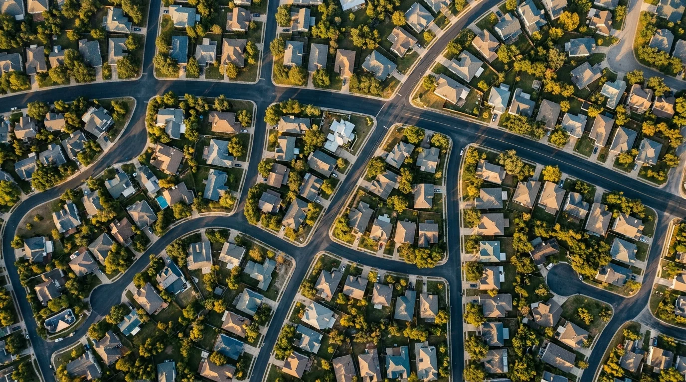 Abstract aerial view of Austin Texas planned residential development with uniform rooftops and landscaping