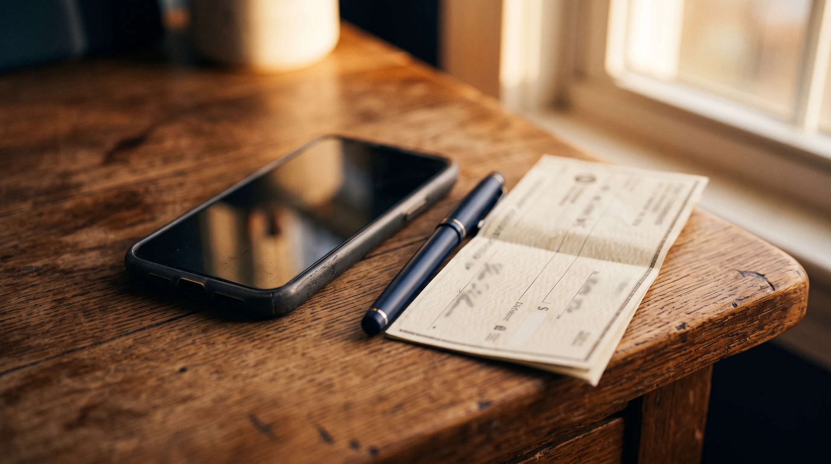 Abstract close-up of a phone and a paper check on a warm-lit desk