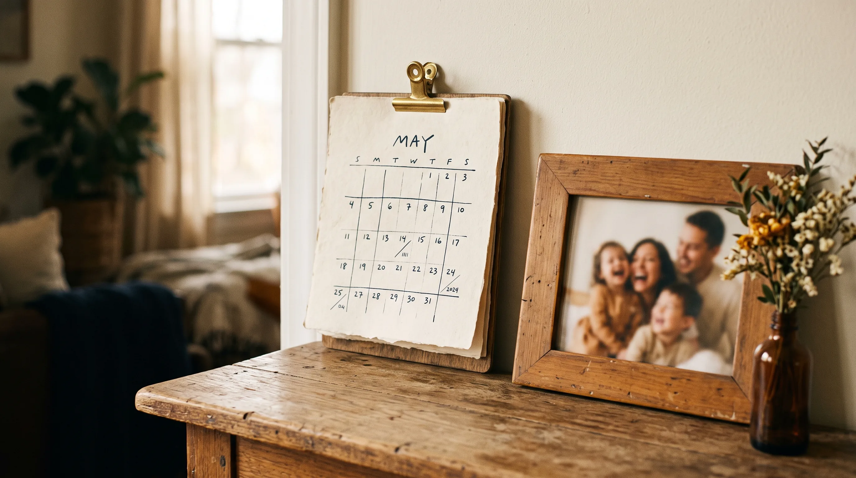 Abstract close-up of a wall calendar with a soft-focus family photo frame in warm light