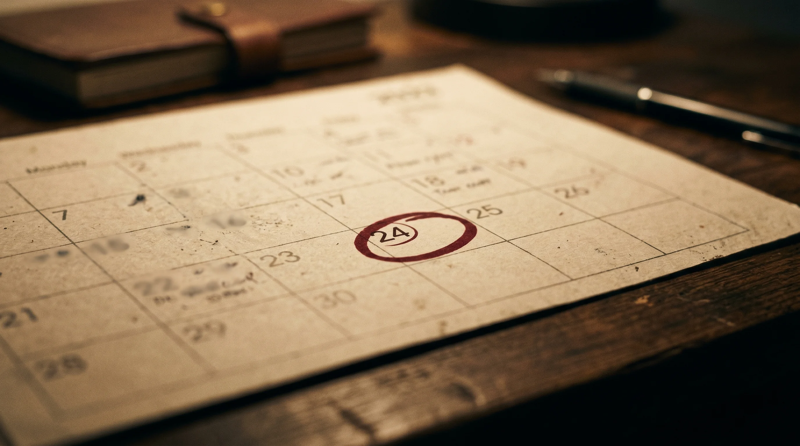 Abstract close-up of a calendar with a circled date in warm desk light