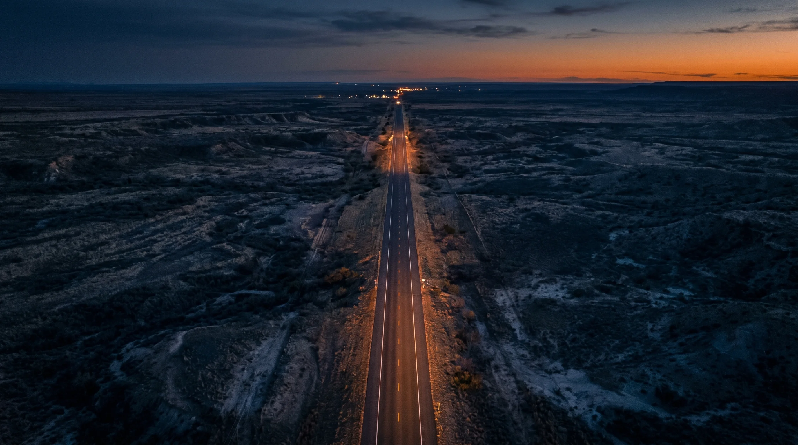 Abstract aerial view of a Texas highway at dusk with warm amber horizon