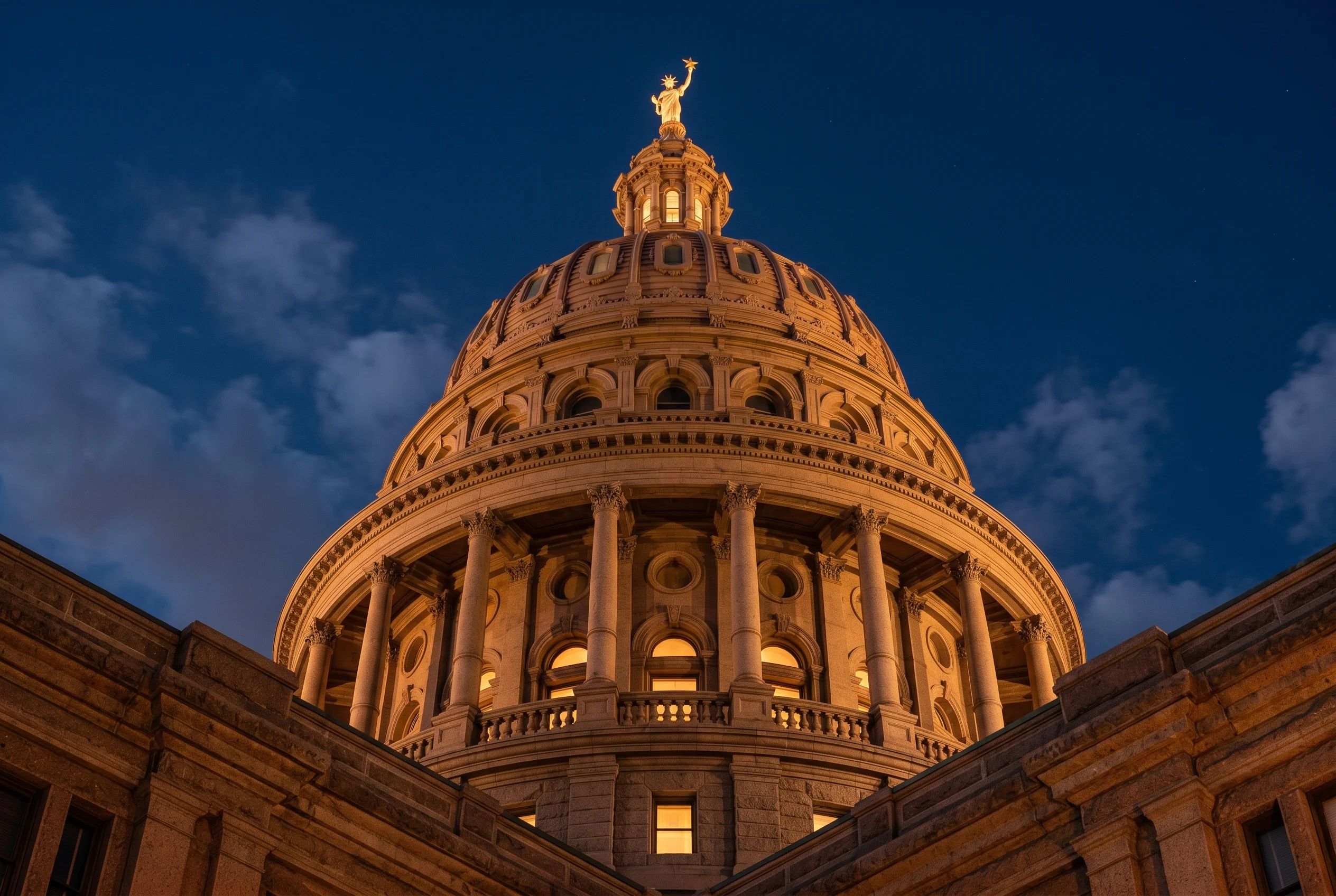 Austin skyline at dusk, deep navy and warm amber tones representing ATX Attorneys' connection between Austin residents and trusted legal help