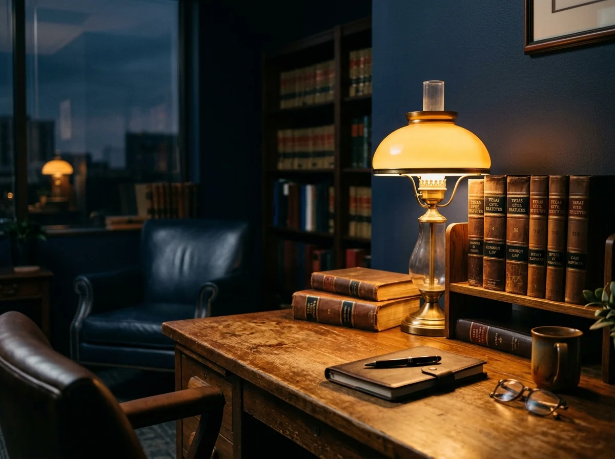 Warm desk lamp light on leather legal books and documents in a quiet Austin law office