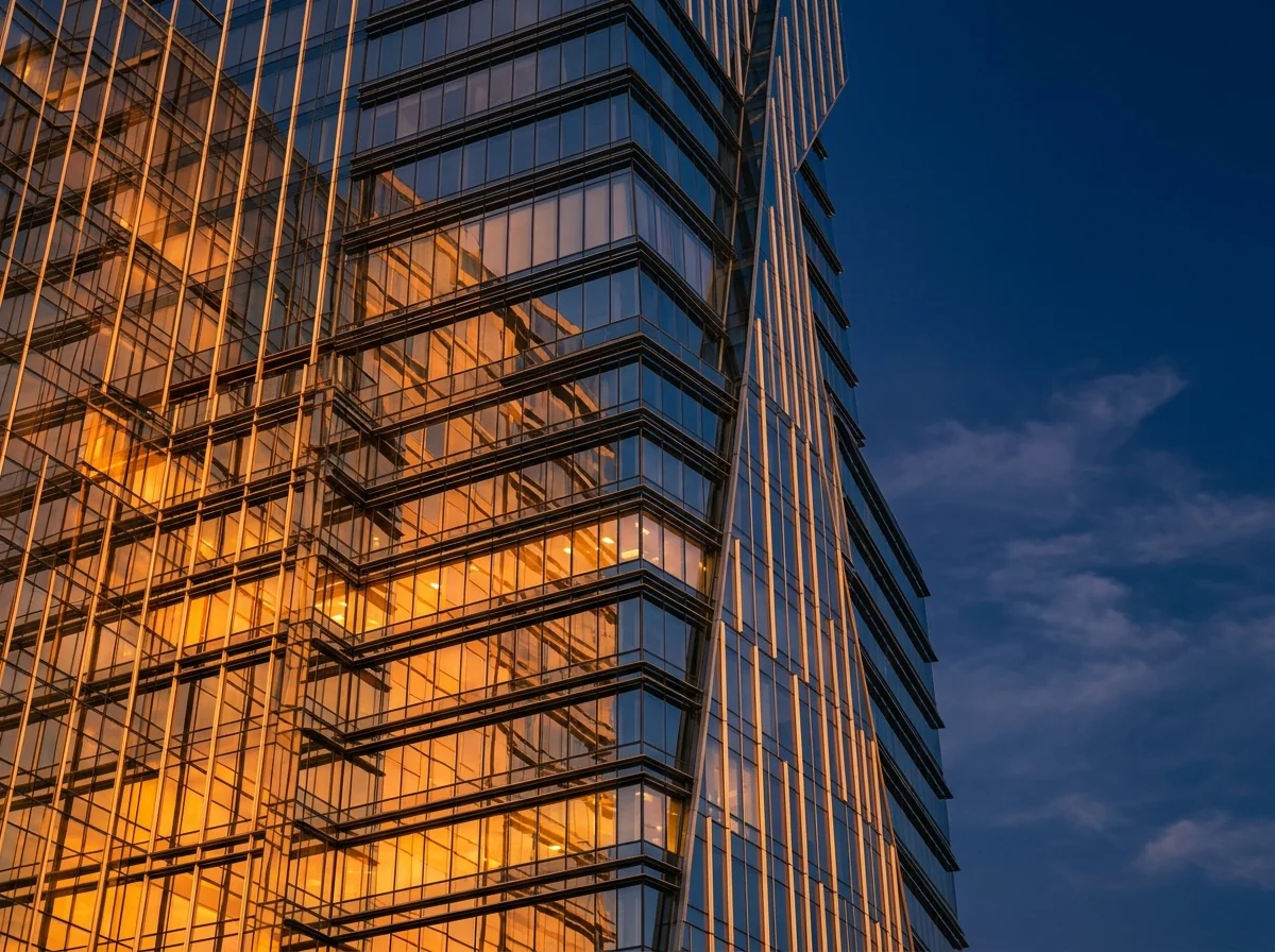 Modern Austin glass office tower exterior at late afternoon with warm amber light on the facade