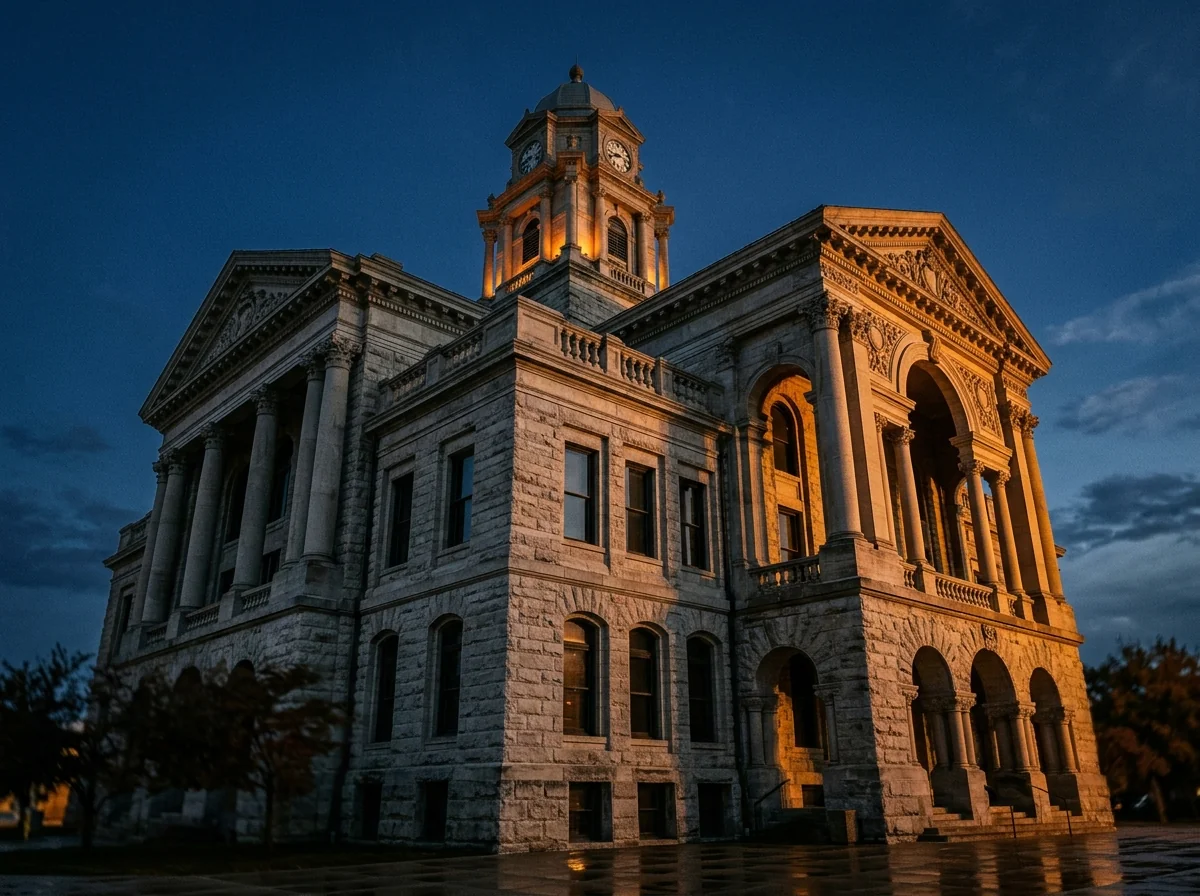 Abstract view of Austin courthouse stone columns at night with dramatic low-angle lighting