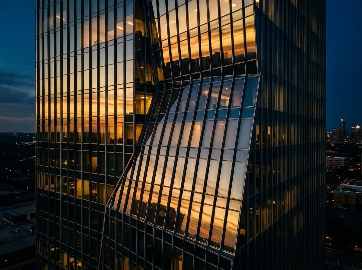 Abstract view of an Austin office building exterior at dusk representing workplace employment law matters