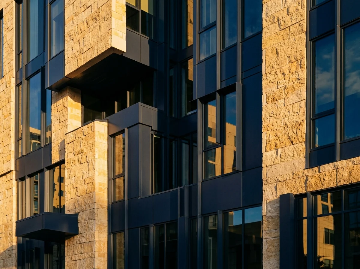 Contemporary Austin building facade with warm afternoon light on stone and glass architectural detail