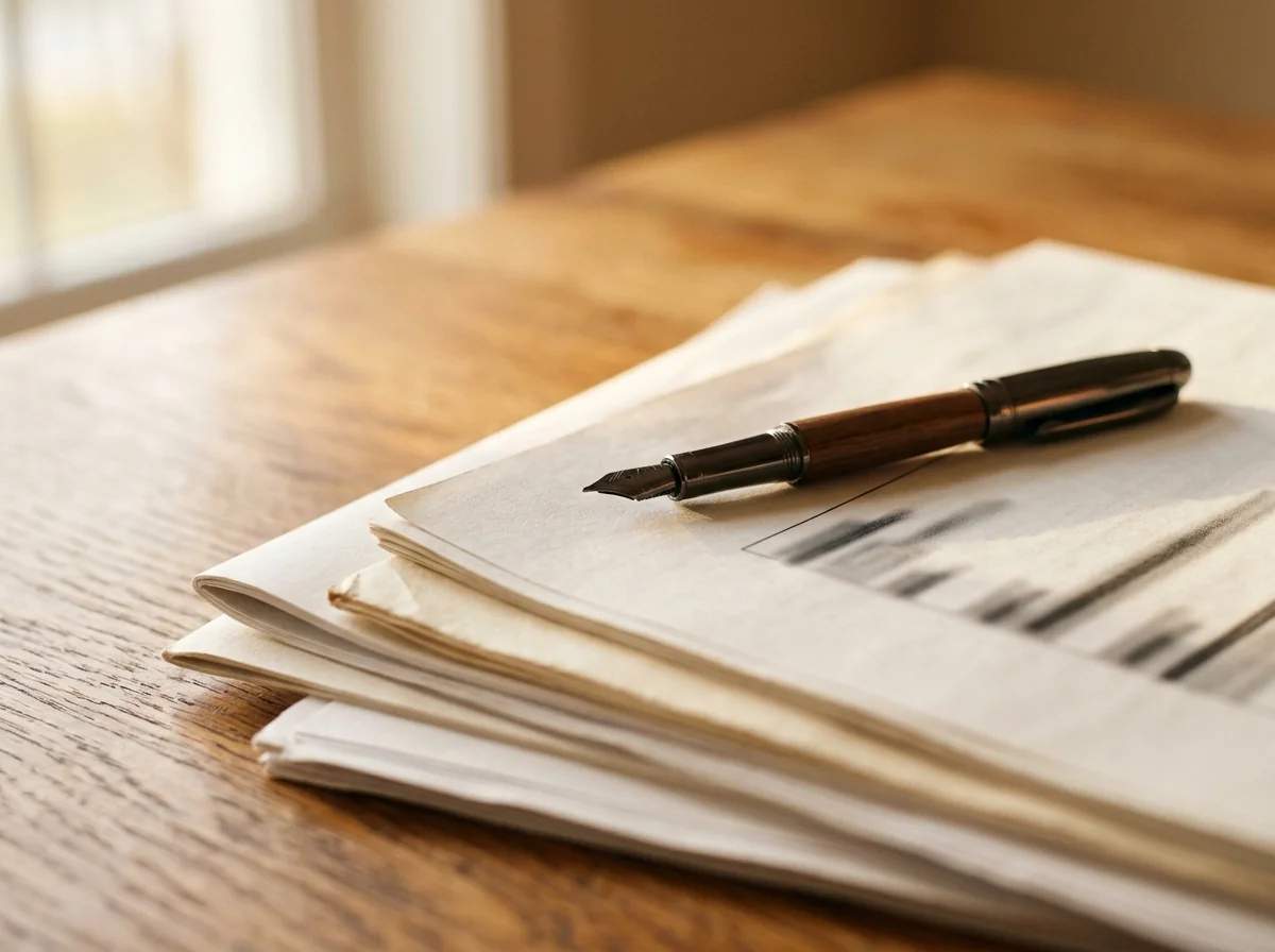 Financial documents and a pen on a clean wooden desk in warm natural window light