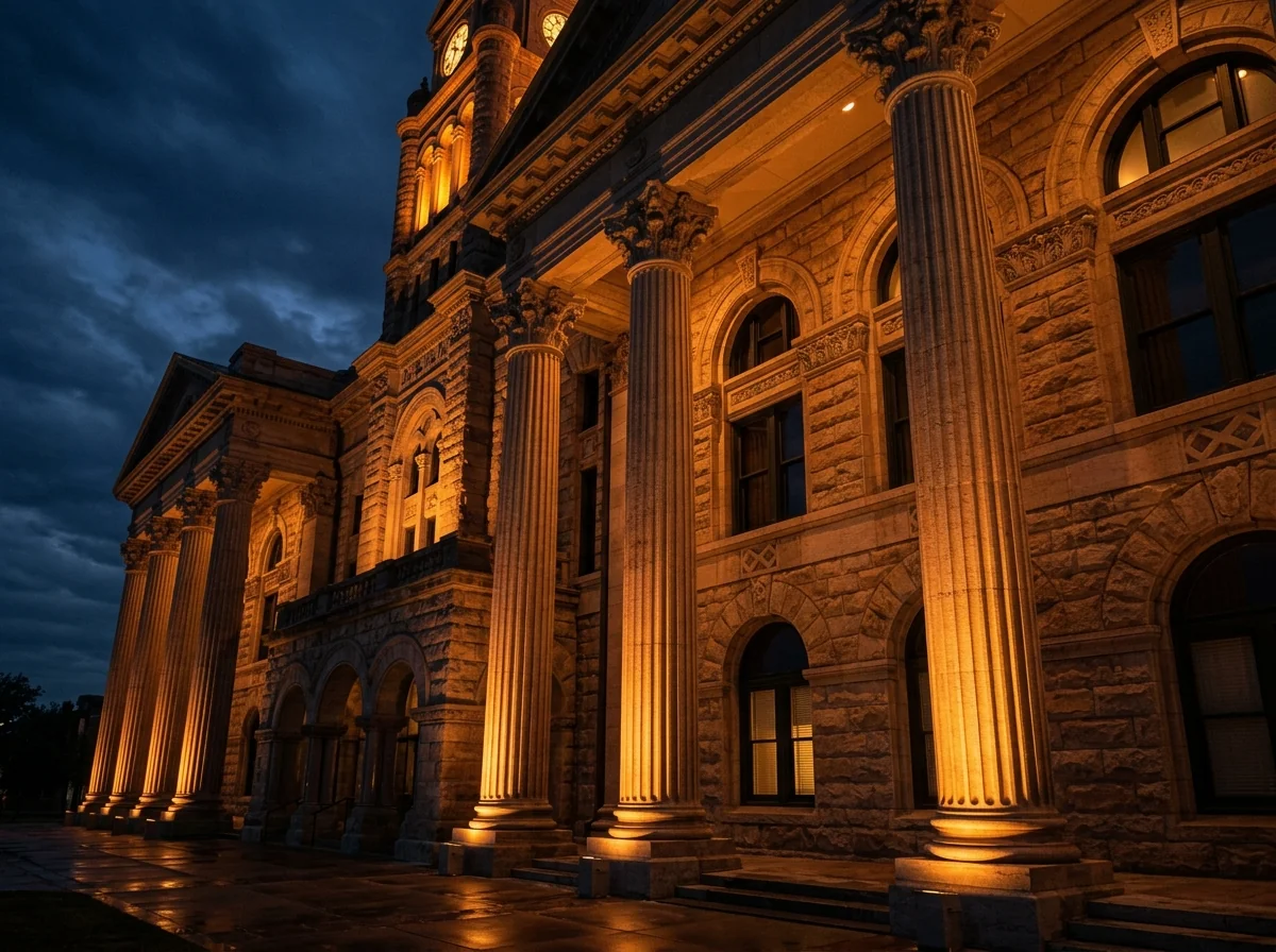 Texas courthouse exterior at dusk with warm amber light on stone columns and deep navy sky