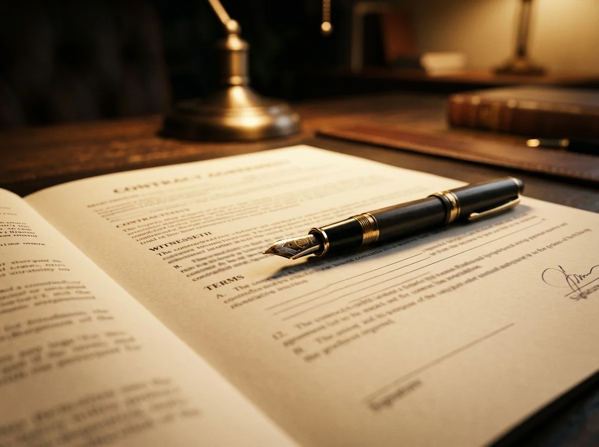 Open legal contract document and a fountain pen in warm desk lamp light with no readable text