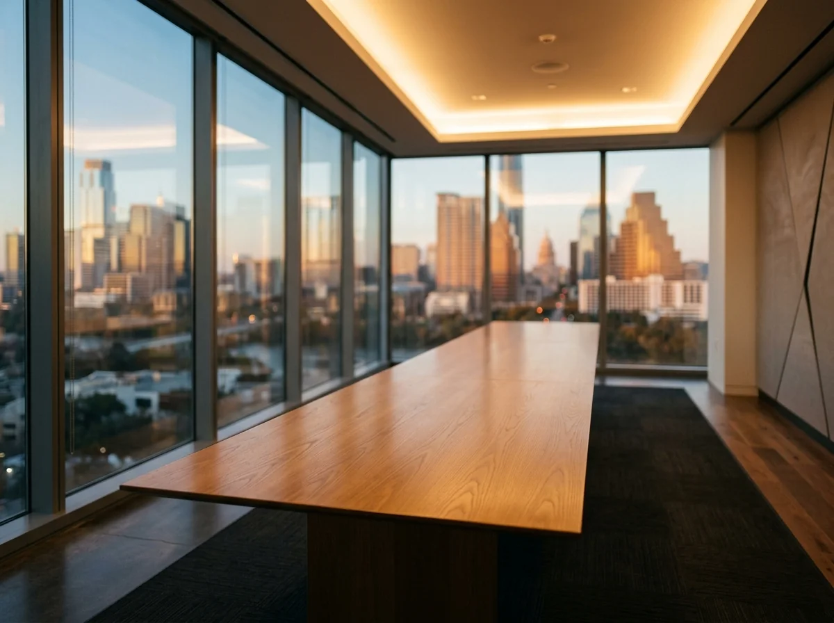 Empty modern conference room with warm indirect lighting and floor-to-ceiling windows with blurred city view