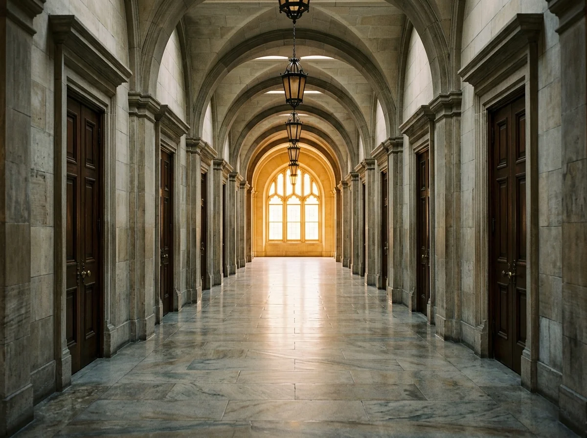 Abstract view of Texas courthouse exterior with stone columns and deep navy sky