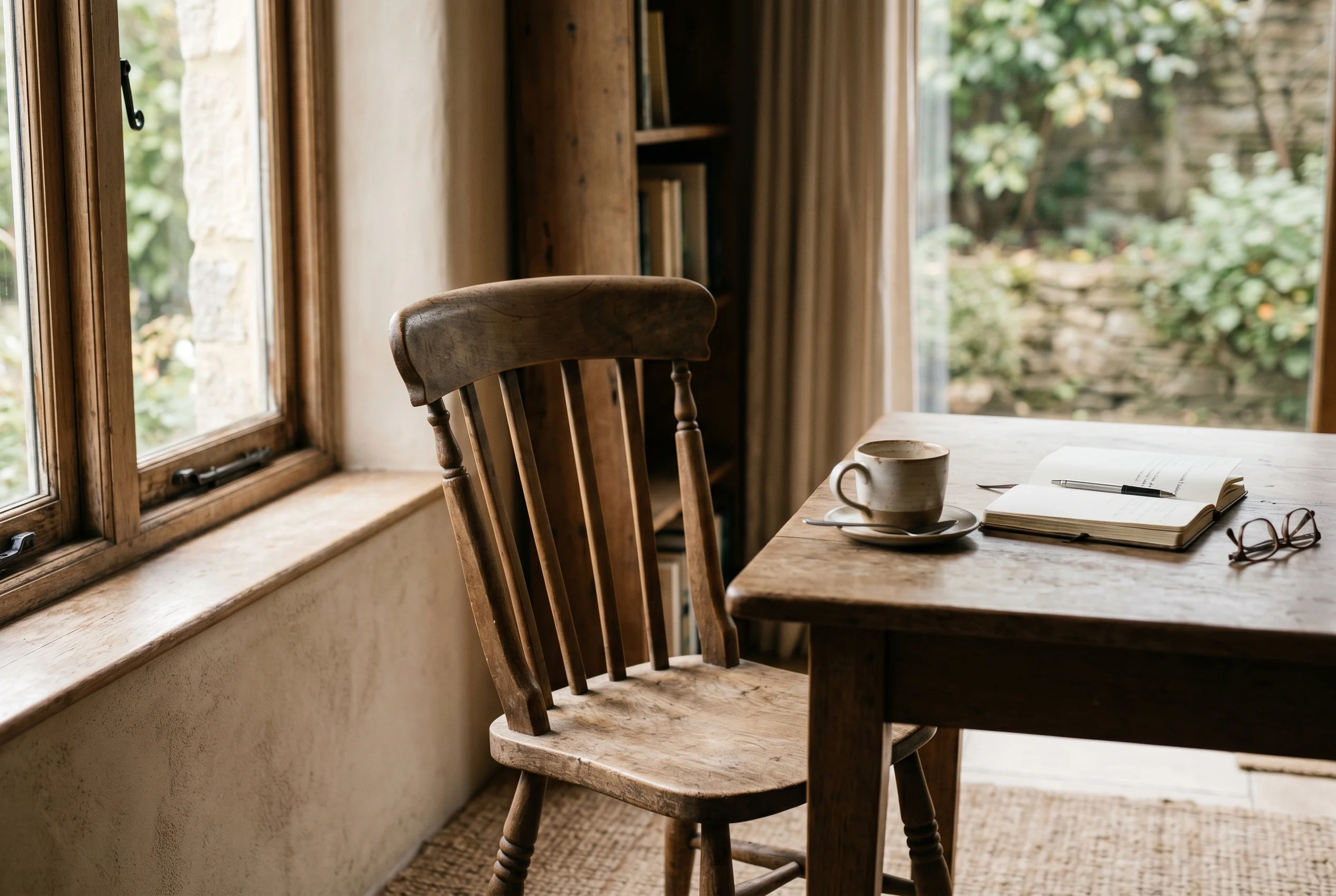 Abstract view of an empty chair at a table in soft natural window light