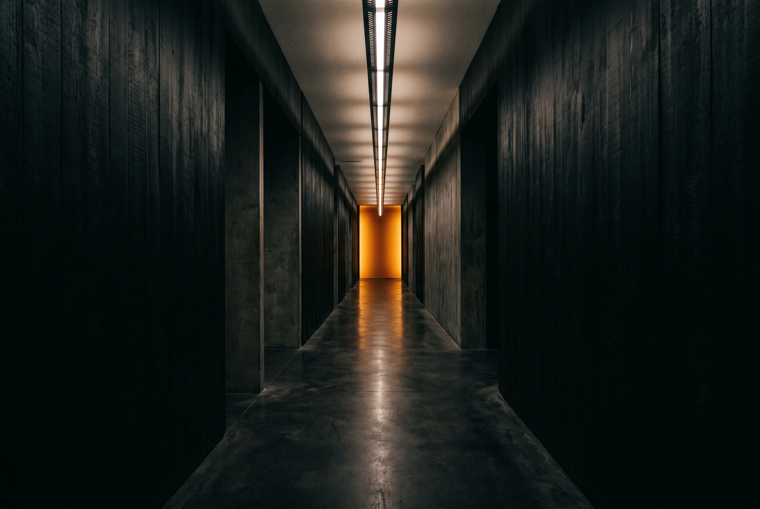 Abstract hallway with warm amber light at the end, creating a sense of forward movement