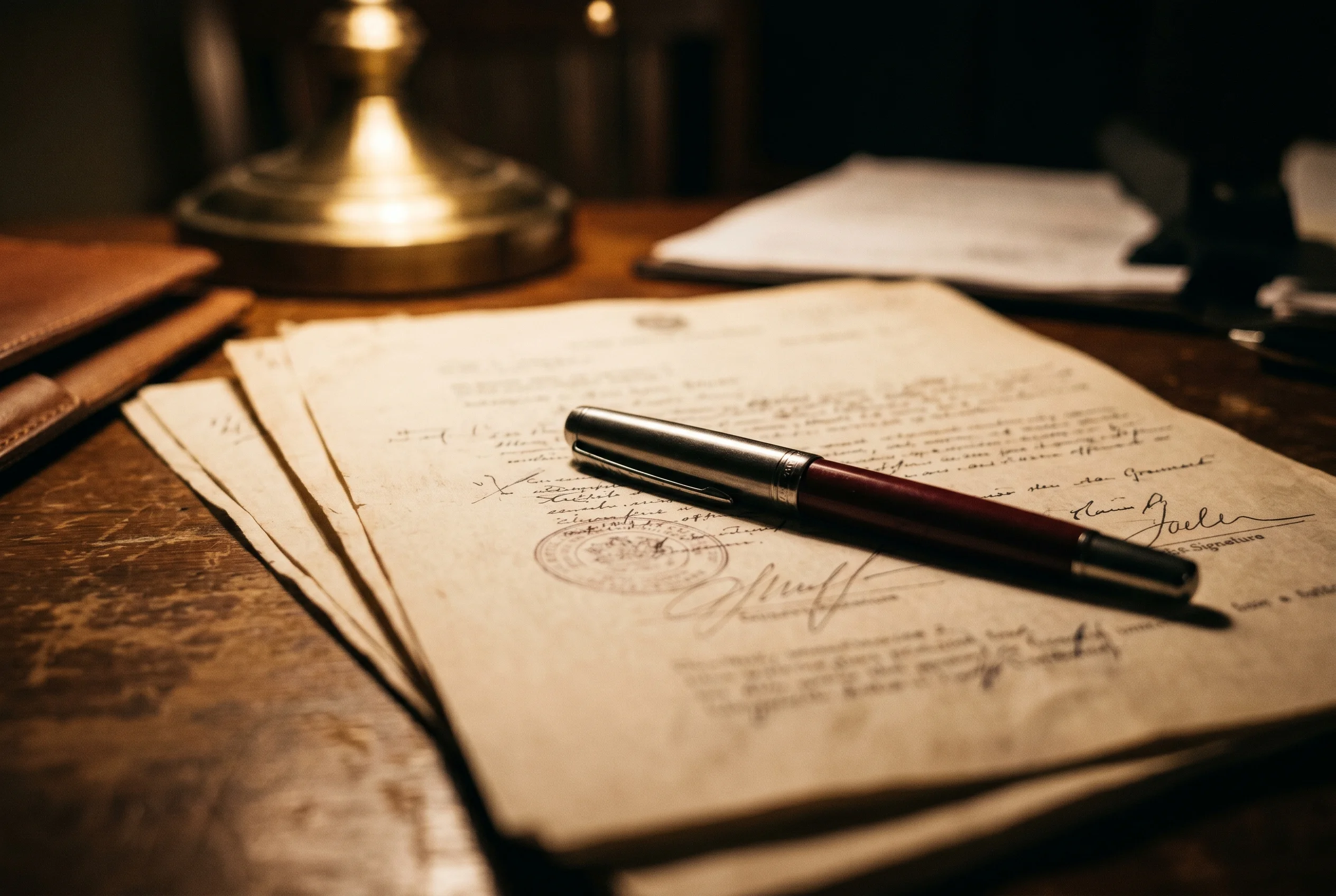 Abstract close-up of official documents with a pen in warm desk lamp light