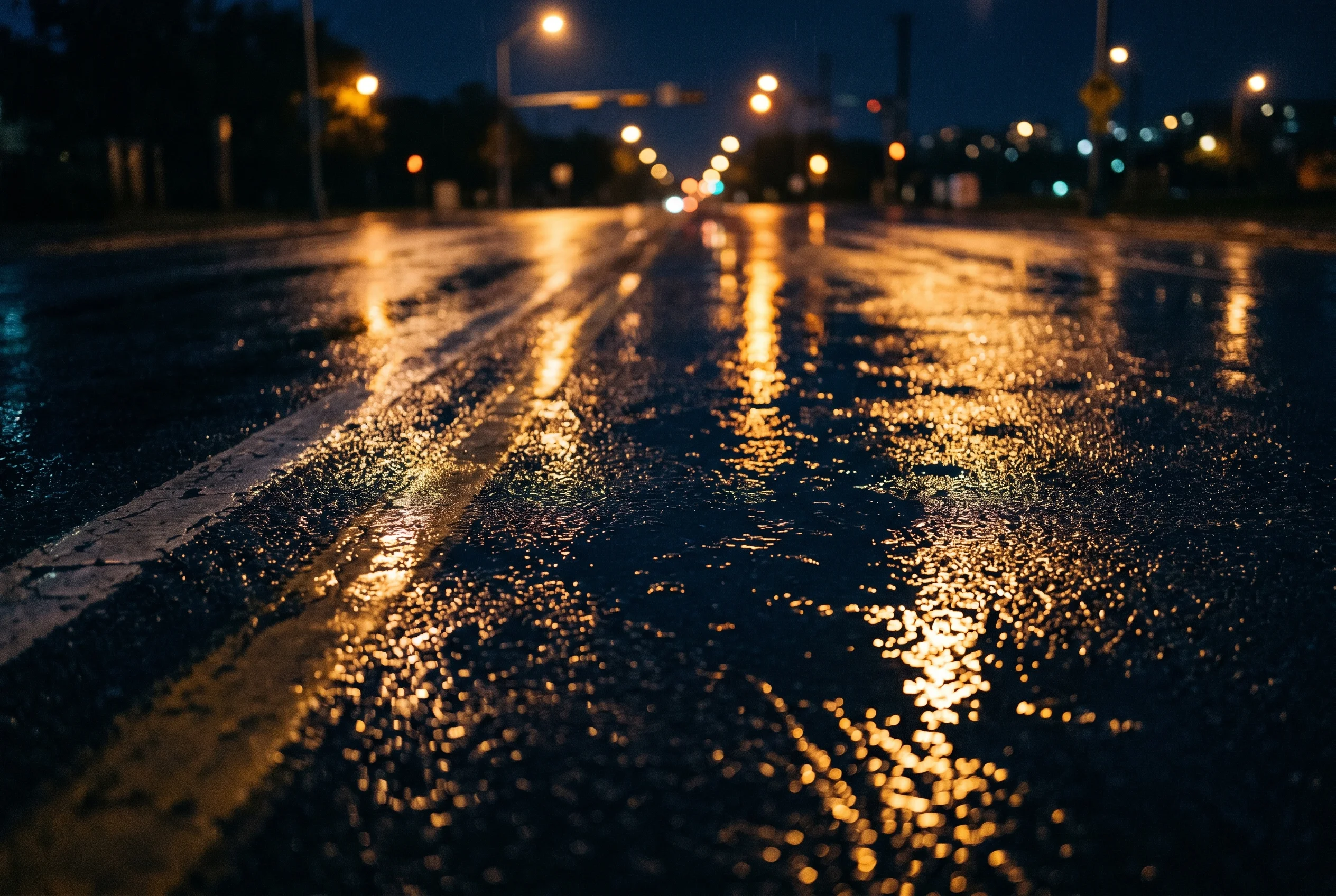 Abstract view of wet Austin road surface at night with amber light reflections
