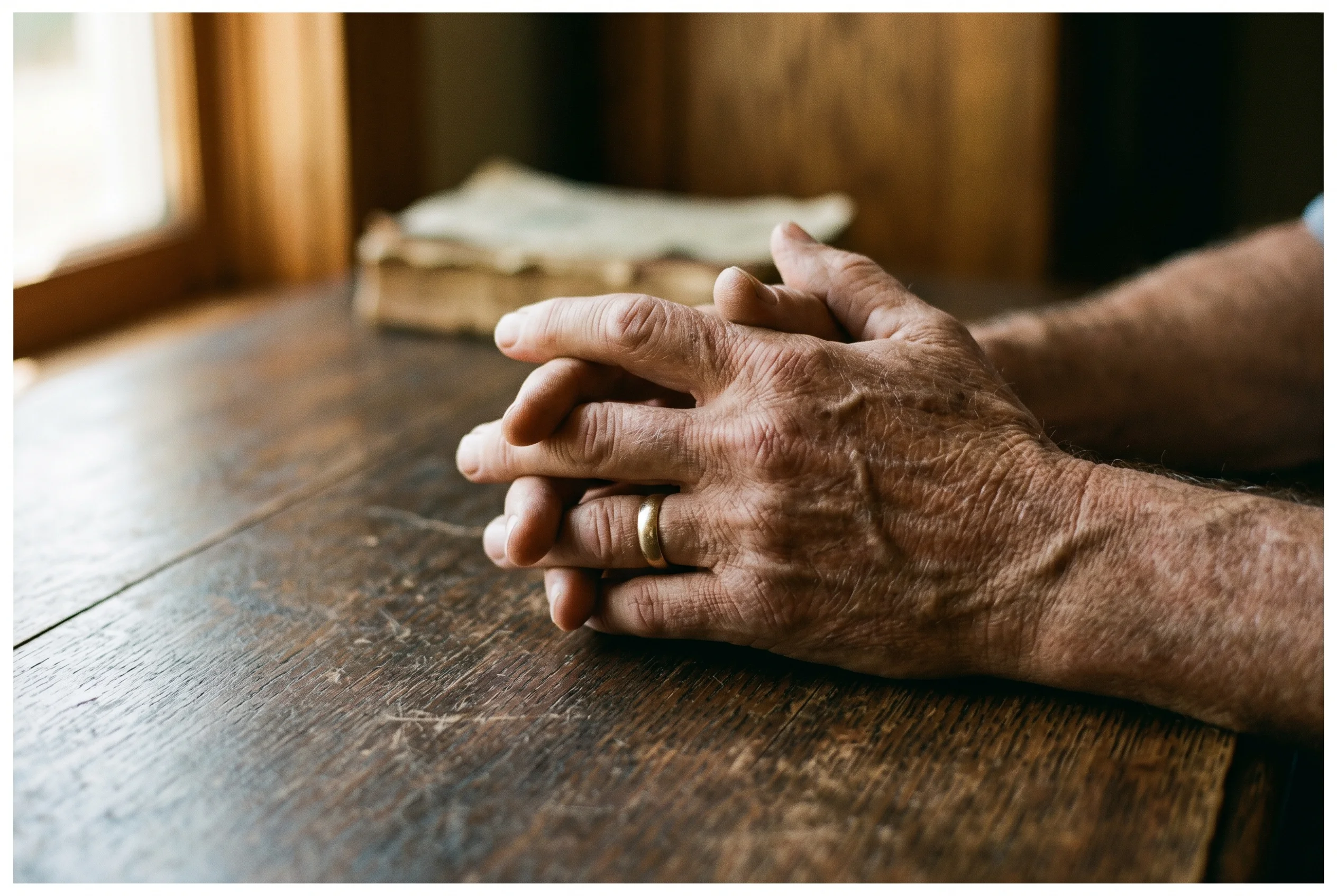 Abstract close-up of hands resting on a desk in warm window light
