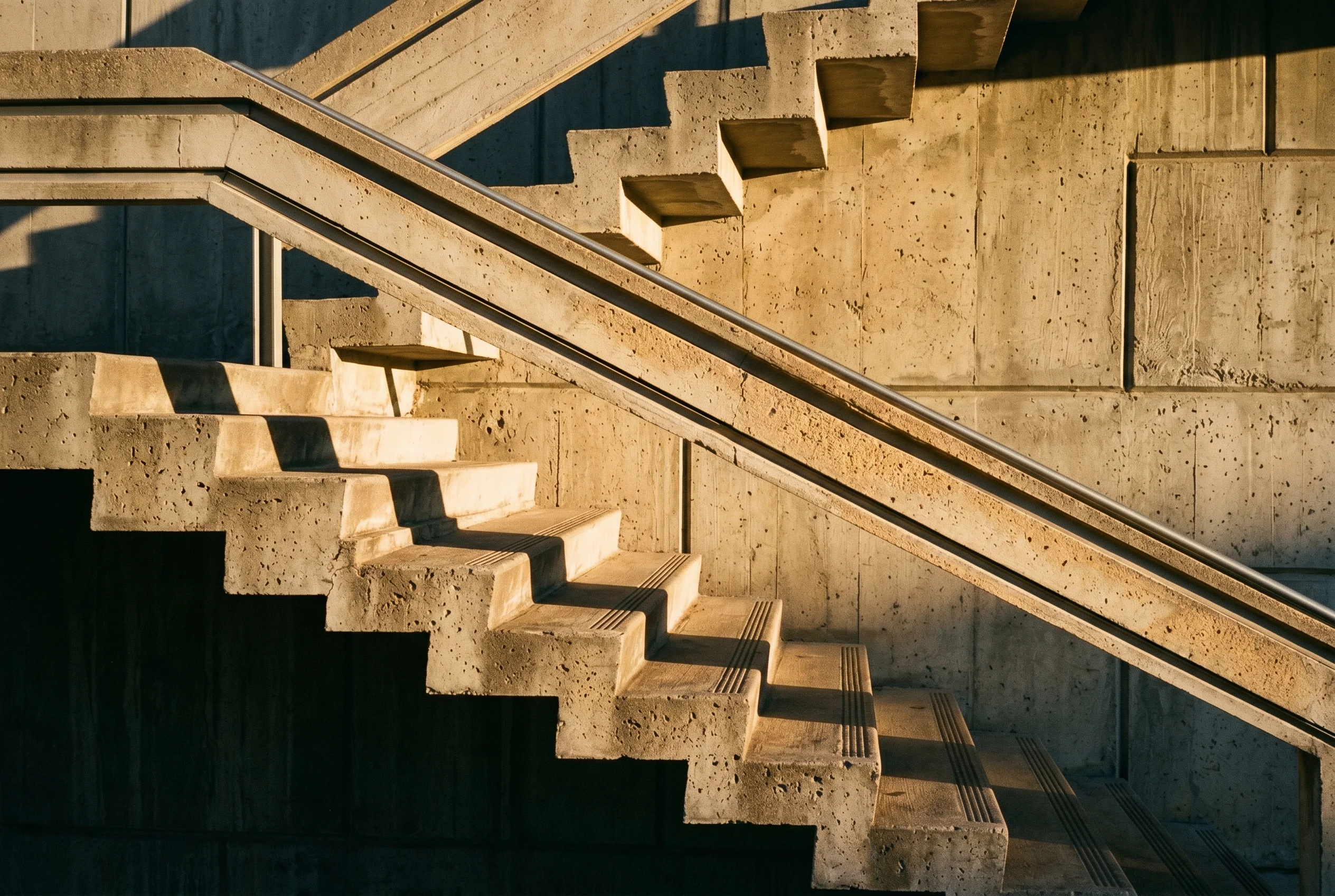Abstract architectural view of concrete building stairs with dramatic shadow