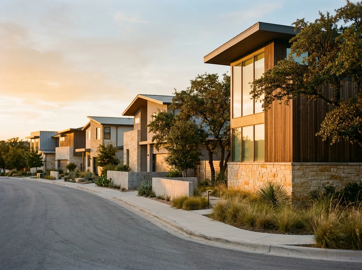 Aerial view of Austin Texas residential neighborhoods with tree-lined streets and varied rooftops in warm afternoon light